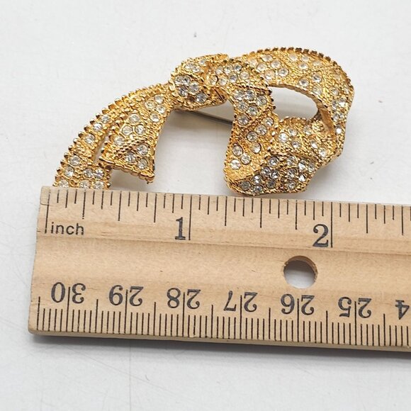 Gold Tone Textured Bow Brooch With Clear Rhinestones - Picture 4 of 4